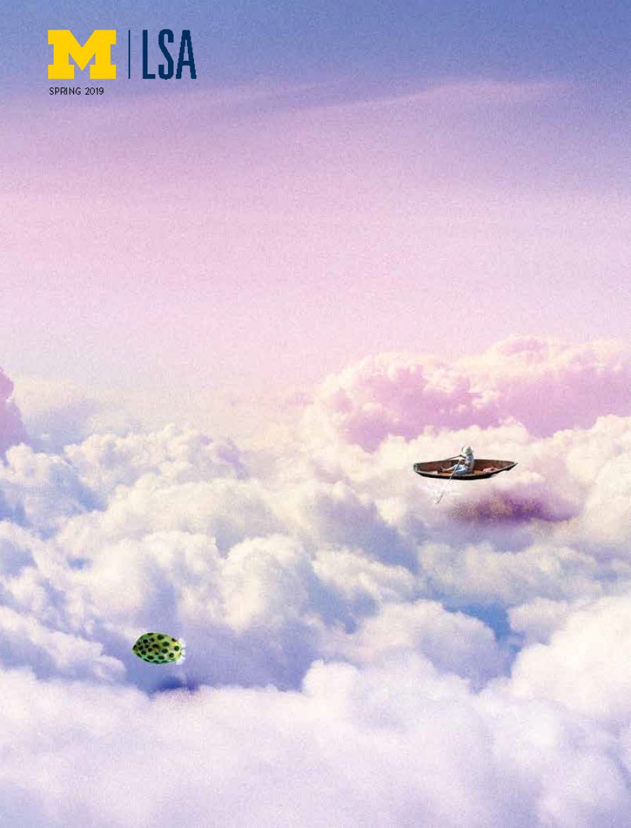 A boat and fish in the sky above the clouds.