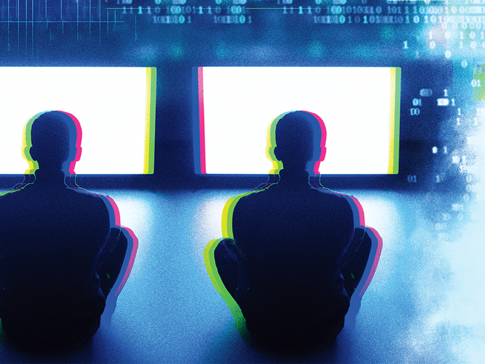 An illustration of people consuming multiple types of media is blurred to indicate the rapid flow of information and the difficulty in finding clarity.