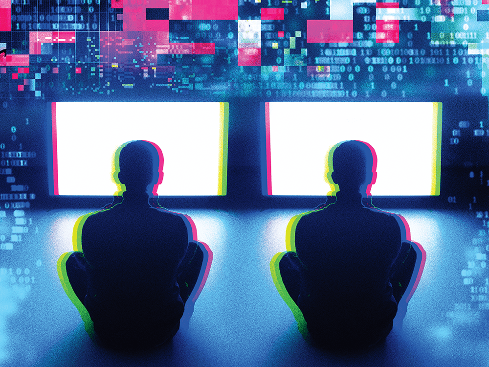An illustration of two people and two white screens, as well as digital patterns, is blurred to indicate the rapid flow of information and the difficulty in finding clarity. 