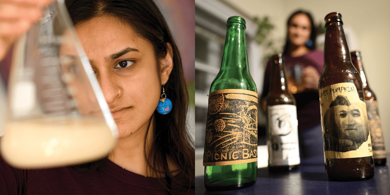 Two photographs of a woman: one of her holding an Erlenmeyer flask up to her face, and the other of her standing behind a collection of beer bottles with homemade labels.