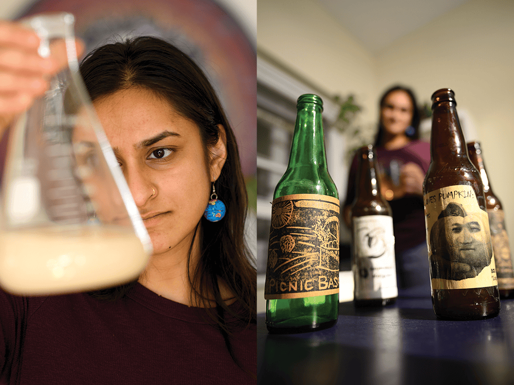 Two photographs of a woman: one of her holding an Erlenmeyer flask up to her face, and the other of her standing behind a collection of beer bottles with homemade labels.