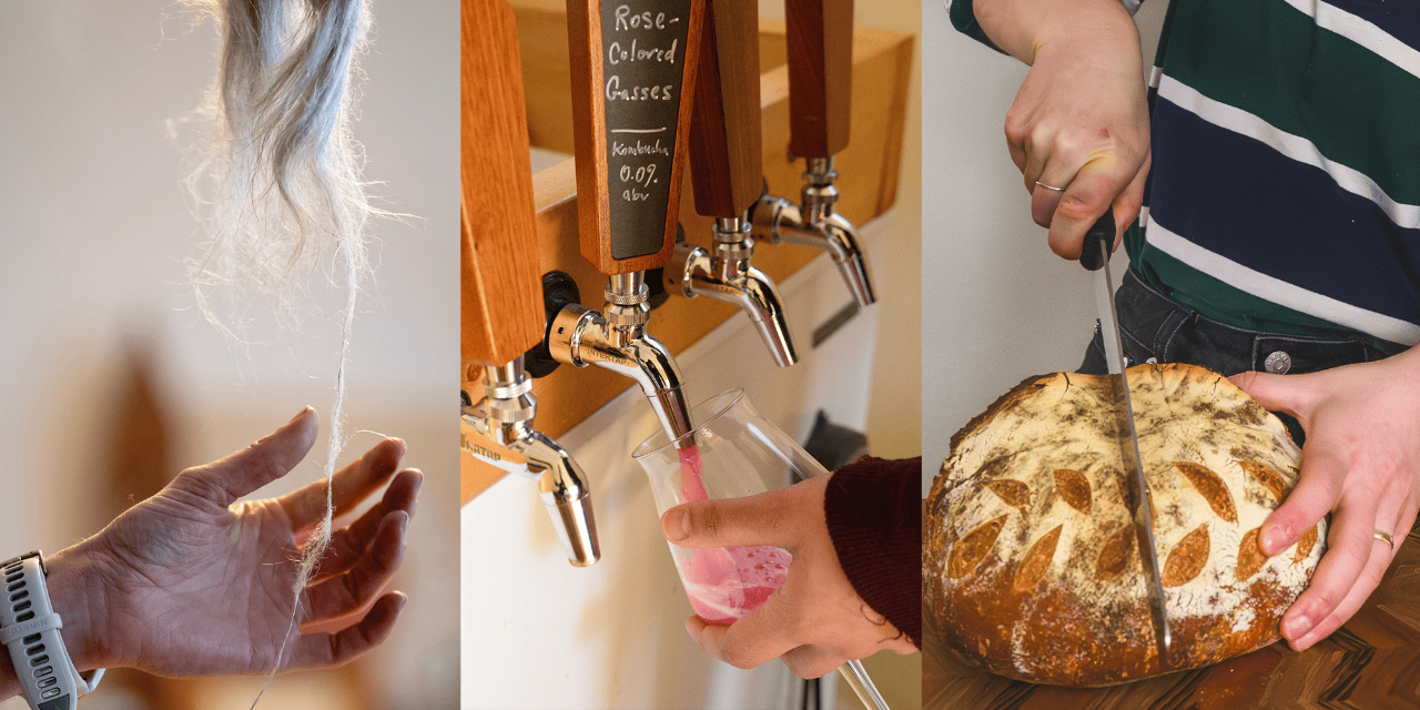 A triptych of photographs: one of a woman’s hands playing with a length of yarn, another of a woman filling a glass from a tap, and the third of a person slicing into a loaf of bread.