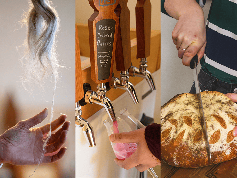 A triptych of photographs: one of a woman’s hands playing with a length of yarn, another of a woman filling a glass from a tap, and the third of a person slicing into a loaf of bread.