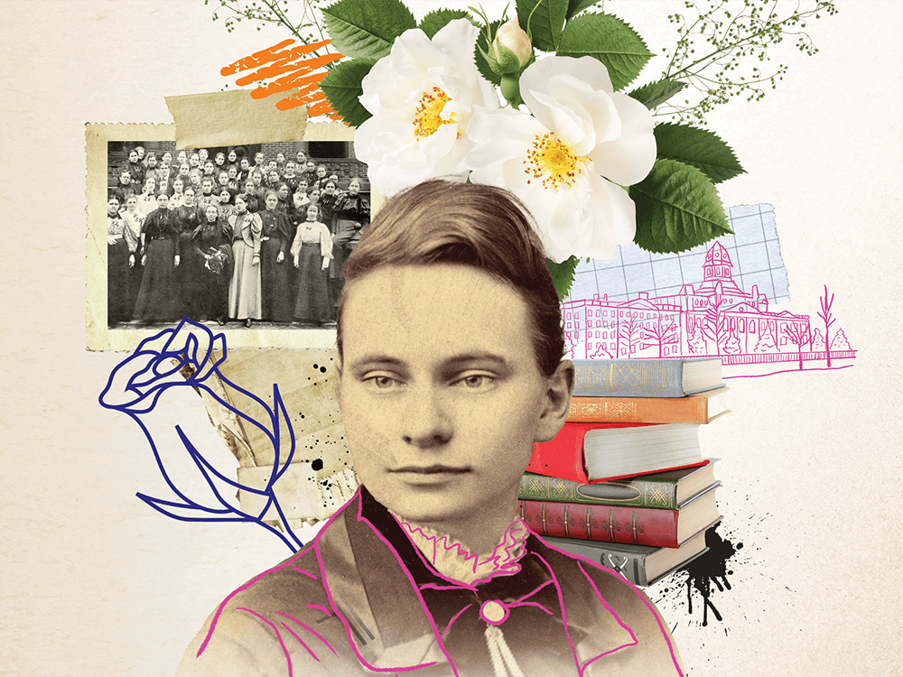 A sepia-toned portrait of a woman is the center of a collage that includes flowers, a black-and-white group photo, a stack of books, and a drawing of a university building.