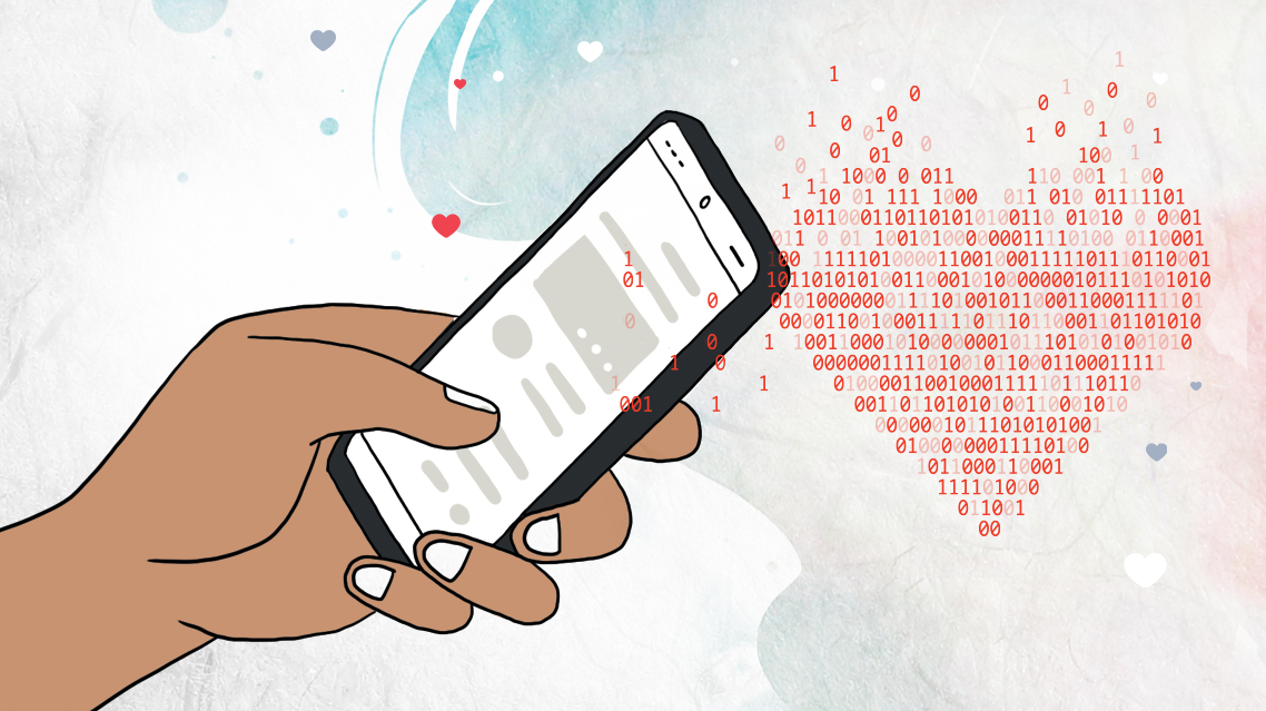 An illustrated hand holds a smartphone and a heart made of zeroes and ones hovers nearby.