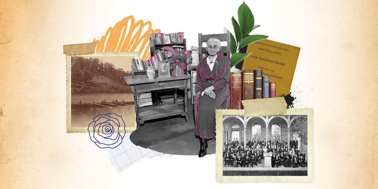 A collage features a drawing of a rose and black-and-white photos of a seated woman, people rowing a long boat, and a large group photo.