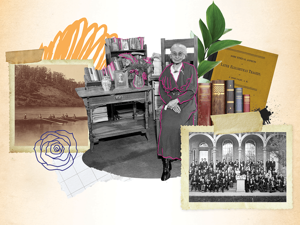 A collage features a drawing of a rose and black-and-white photos of a seated woman, people rowing a long boat, and a large group photo.