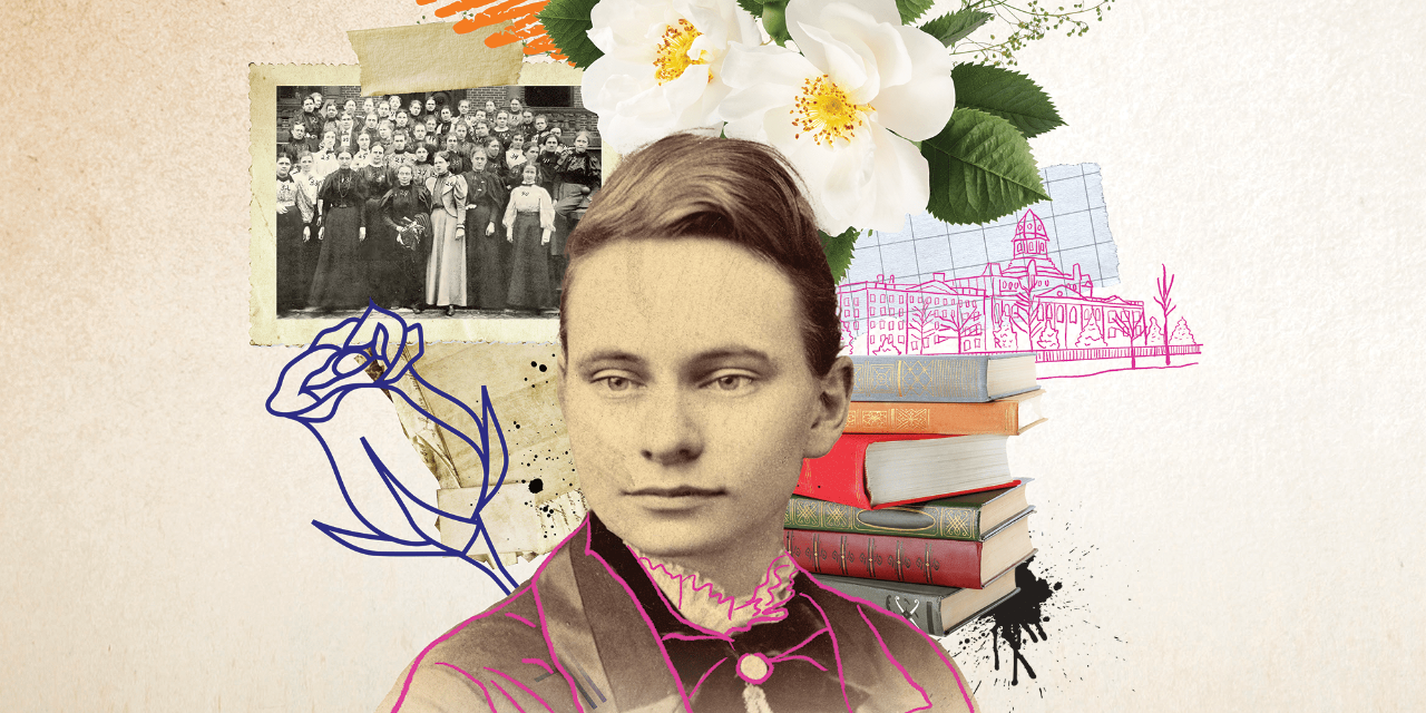 A sepia-toned portrait of a woman is the center of a collage that includes flowers, a black-and-white group photo, a stack of books, and a drawing of a university building.