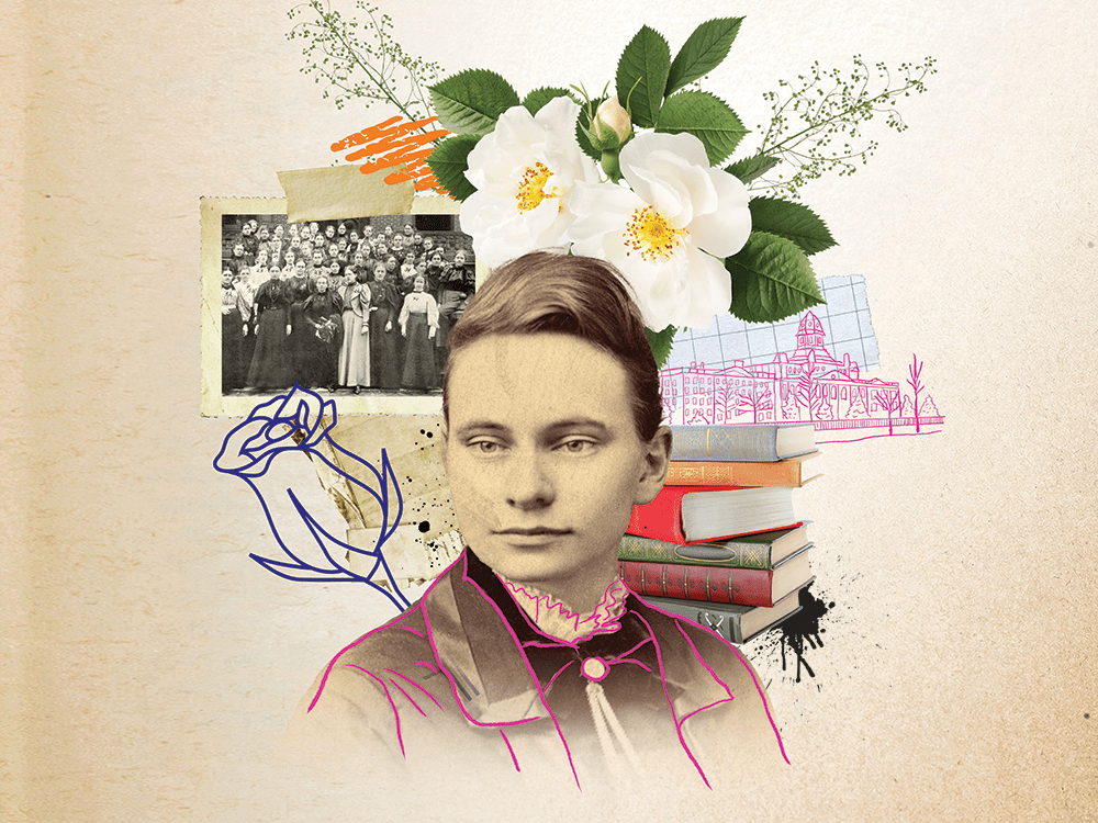 A sepia-toned portrait of a woman is the center of a collage that includes flowers, a black-and-white group photo, a stack of books, and a drawing of a university building.