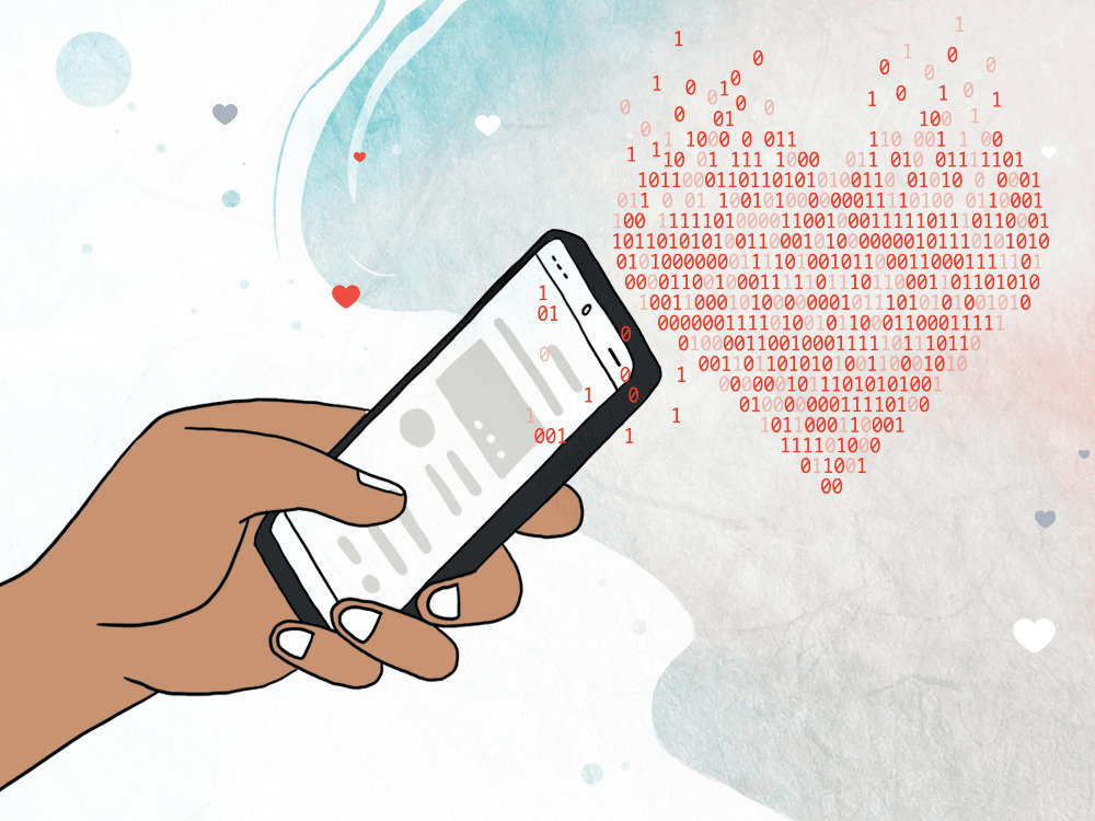 An illustration depicts a hand holding a smartphone; a heart made out of zeroes and ones hovers in the background.