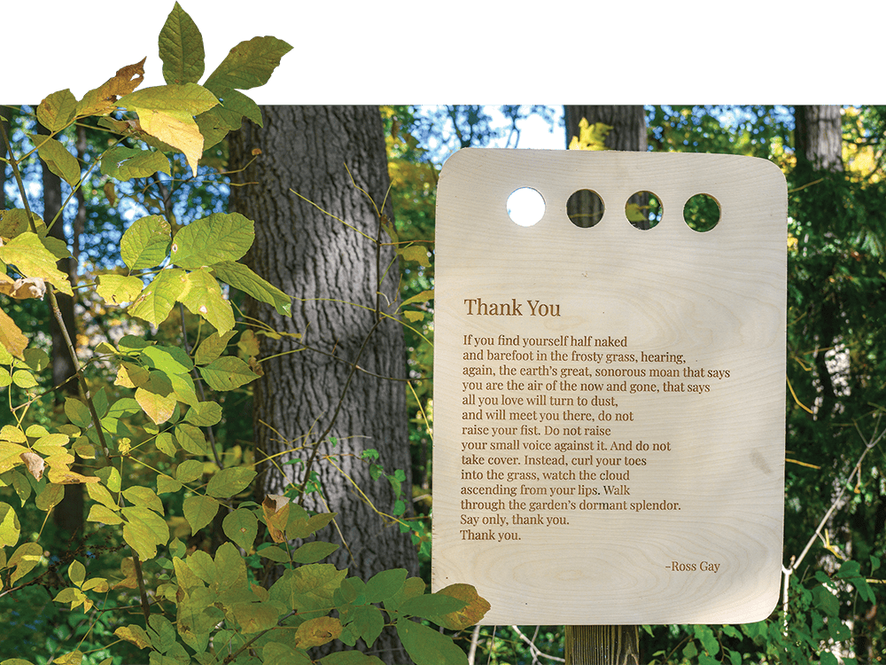A photograph of a wooden placard nestled in a wooded area. The placard is inscribed with the poem “Thank You,” by Ross Gay.