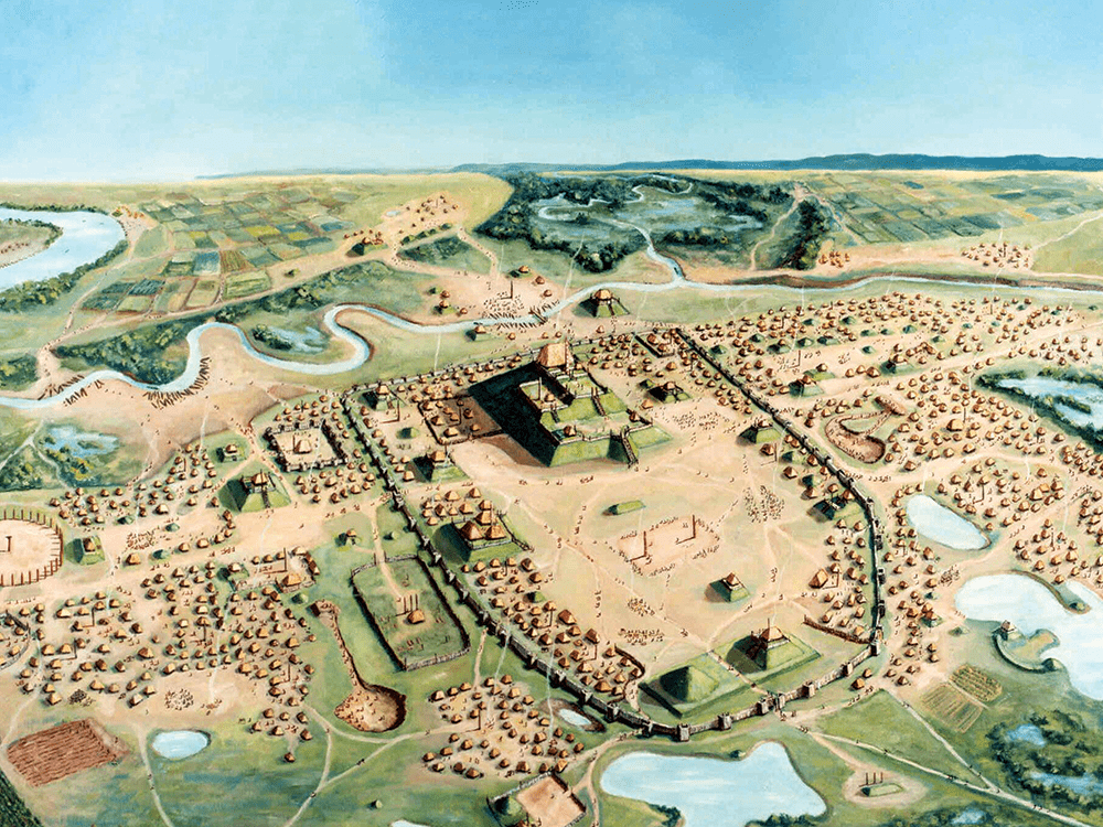 An illustrated map of an ancient site, complete with mounds and buildings.