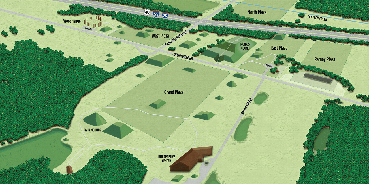 A digital illustrated map of the main mounds of Cahokia. 