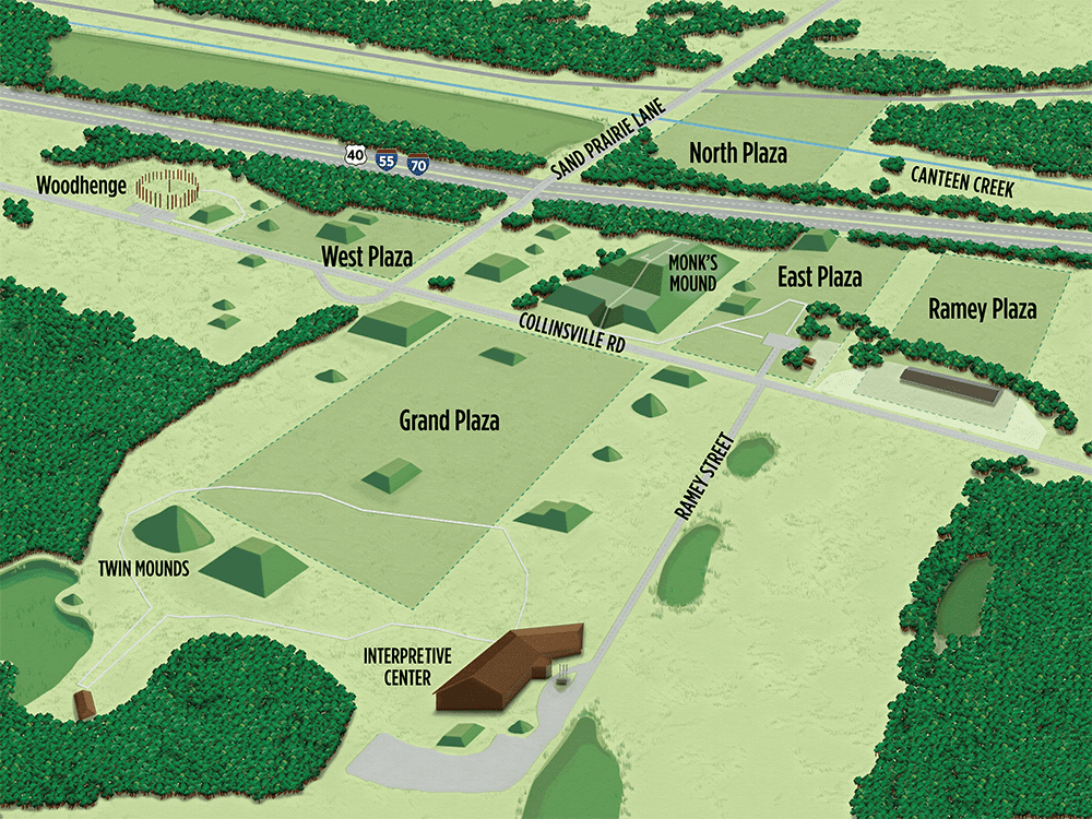 A digital illustrated map of the main mounds of Cahokia. 