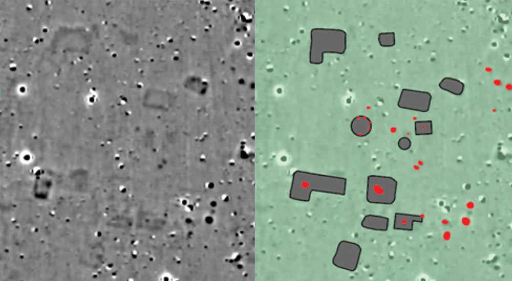 Two images of magnetometric scans showing where the archaeologists have found metal deposits. 