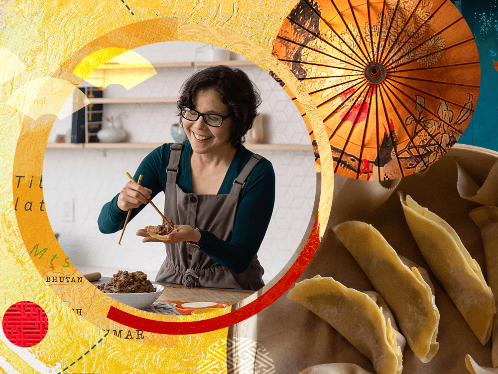 A gold-toned collaged design. Professor Miranda Brown appears in the center, assembling a dumpling.