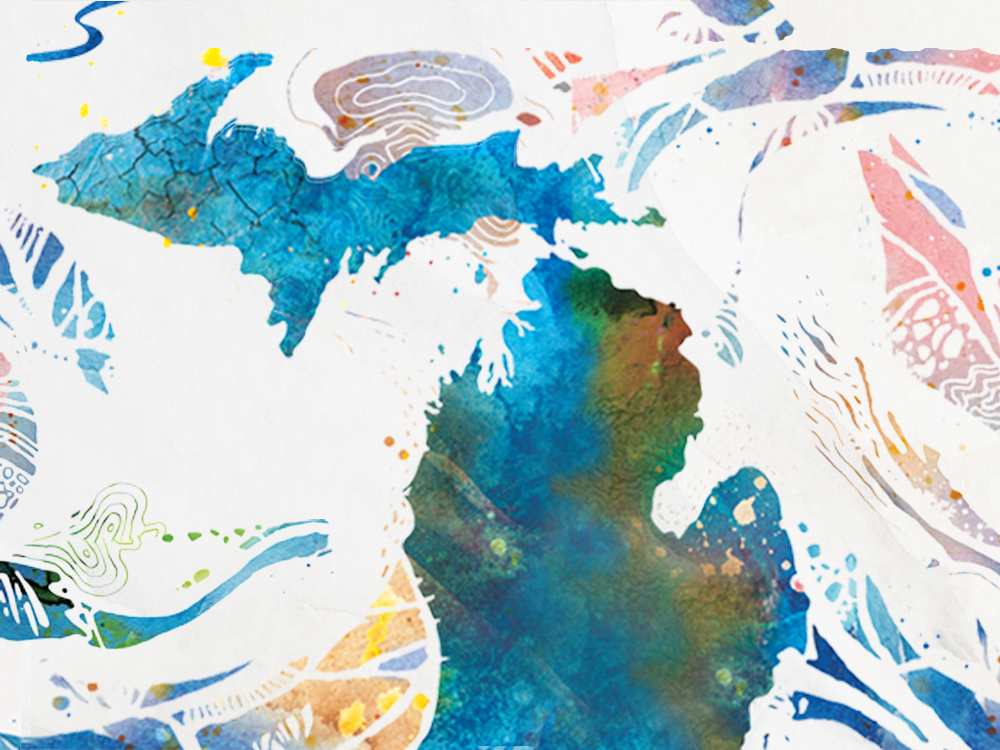 A textured map of Michigan includes imagery suggesting weather patterns, relief maps, and elevation maps.