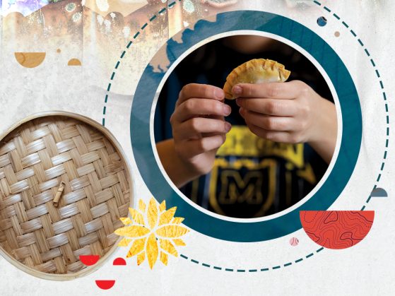 A blue-toned collaged design. A photograph in the center shows two hands crimping the edge of a dumpling.