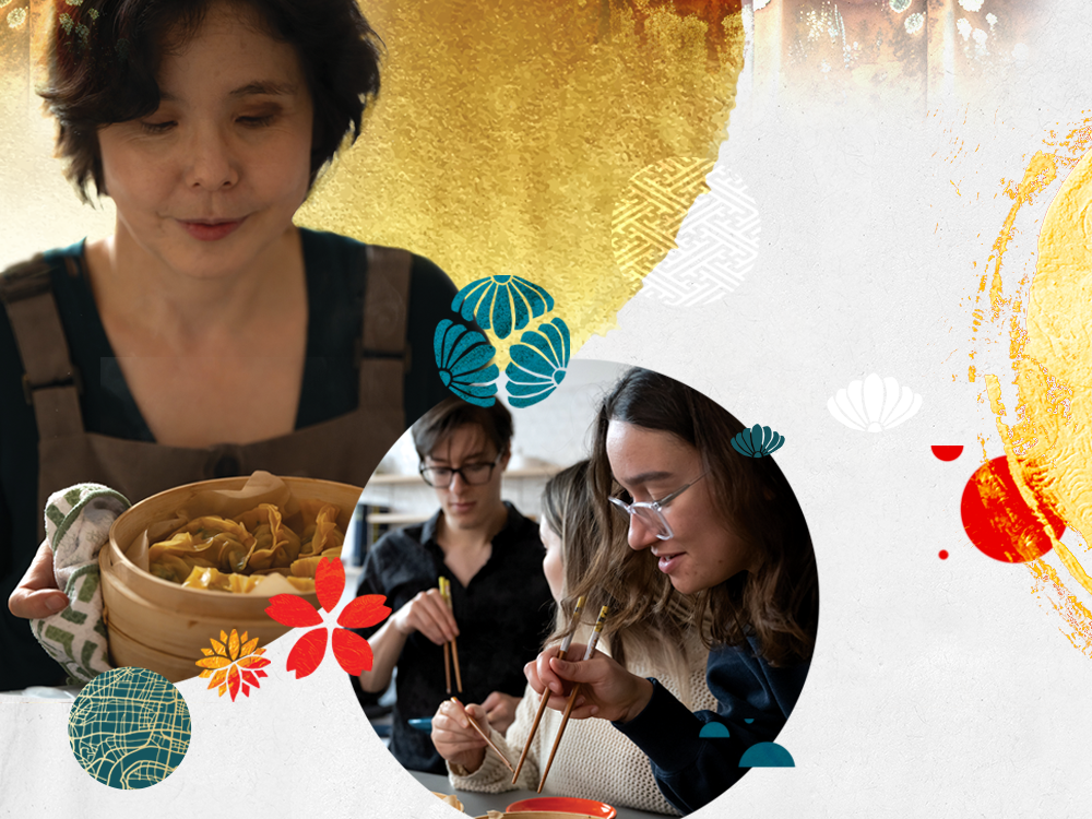 A gold-toned photo collage of Prof. Brown and three people holding chopsticks.