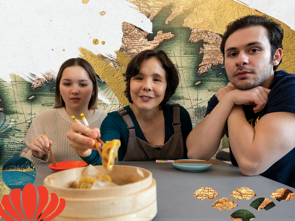 A collage that includes gold and red icons, a map, and a photograph of two students and Prof. Brown sharing dumplings. 