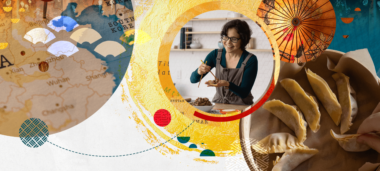 A gold-toned collaged design. Professor Miranda Brown appears in the center, assembling a dumpling.