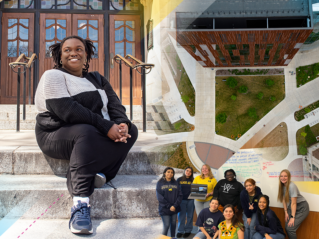 A composite image. On the left, Alexis sits on the steps of the student union and smiles as she looks away from the camera. To the right, a picture of Alexis with other students posing together, one holds an open laptop towards the camera. 