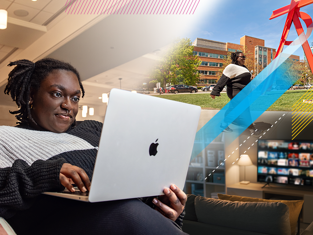 A collage of images. On the left, Alexis sits on a couch working on her laptop. On the right is an outdoor image of Alexis walking across campus. 