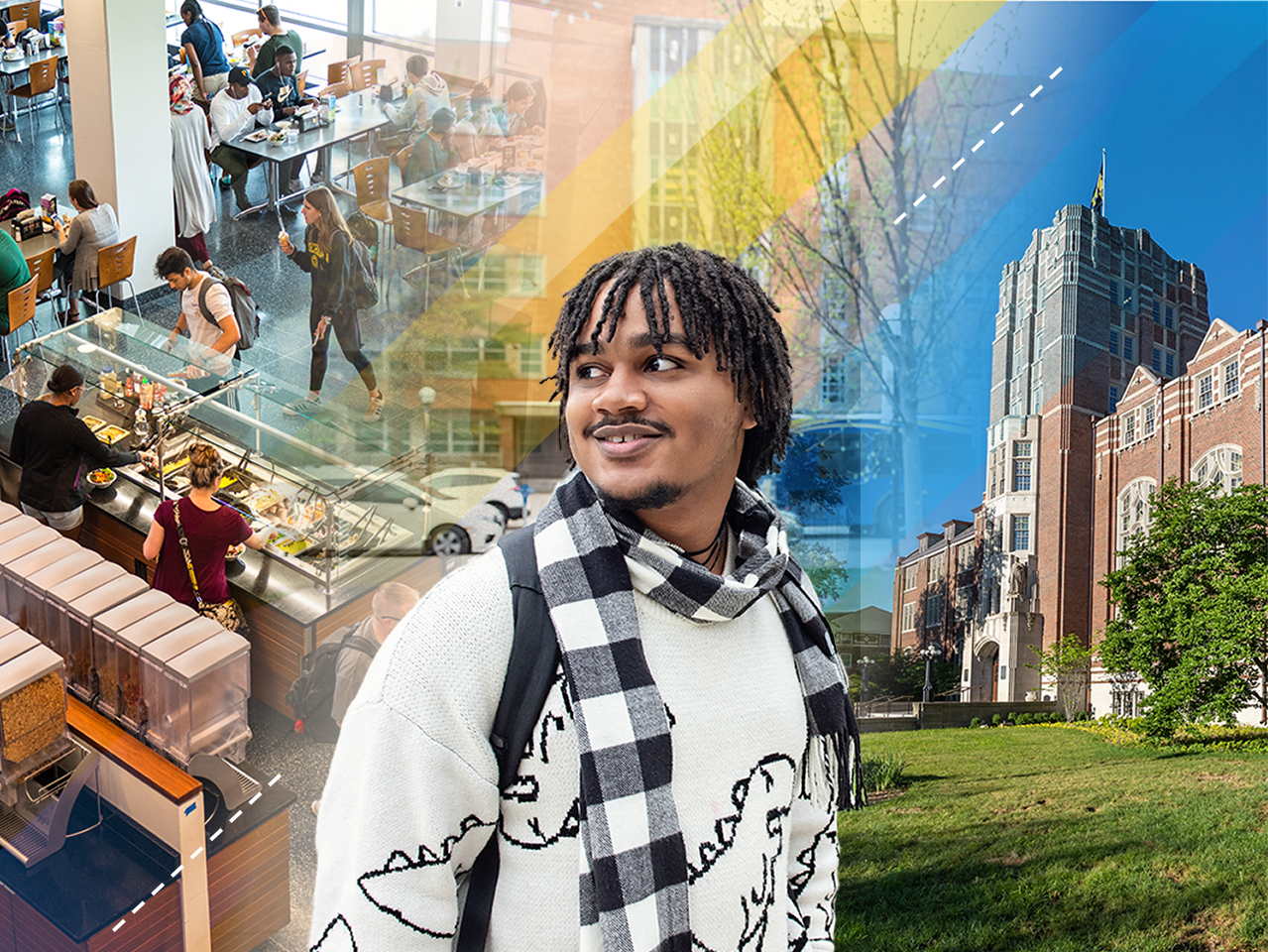A composite image featuring Jaylen who smiles and looks away from the camera. 