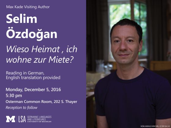 photo of Selim Ozdogan with the date and time of his public reading on 12/5 at 5:30pm in the Osterman Room