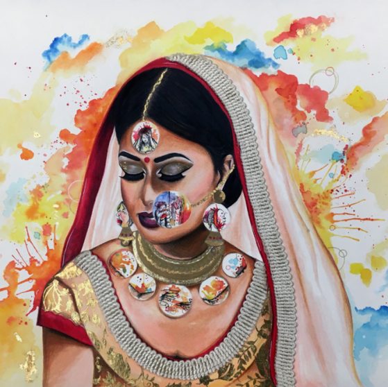 Water color image of young American Dhulan woman with ceremonial jewelry.