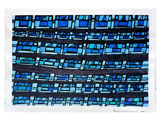 A drawing geometric drawing in shades of blue, reminiscent of stained glass.