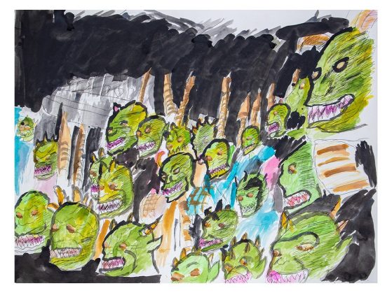 A mixed media drawing of a crowd of green monsters.