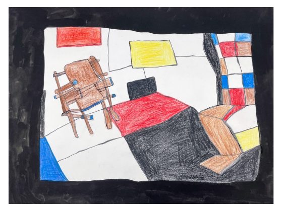 An abstracted drawing of a living room in bright primary colors.