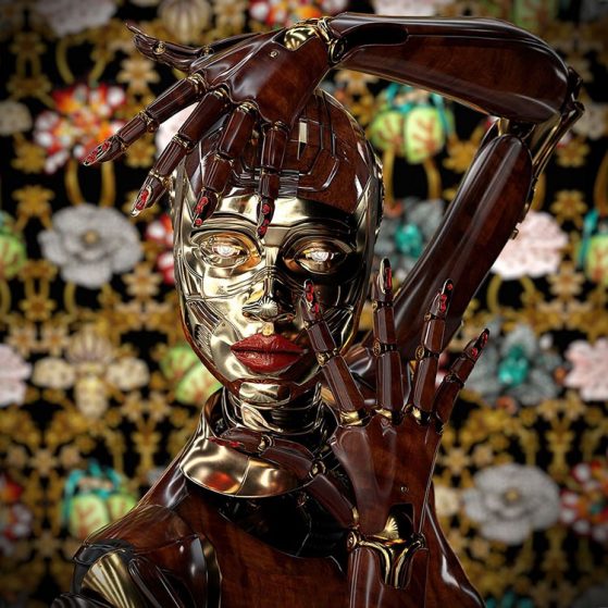 An android figure vogues in front of an ornate wallpaper pattern.