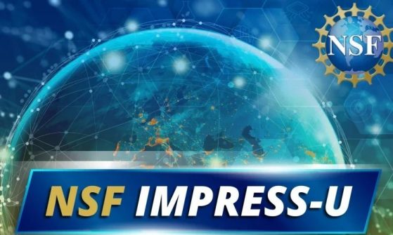 words nsf IMPRESS-U over graphic of half a globe in blue celestial background