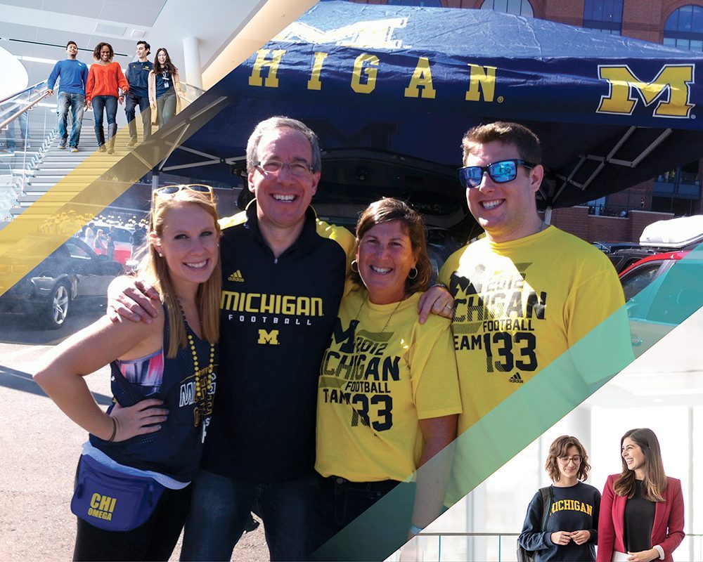 The Gerstein family outside the big house, with student images combines in the corners of the image