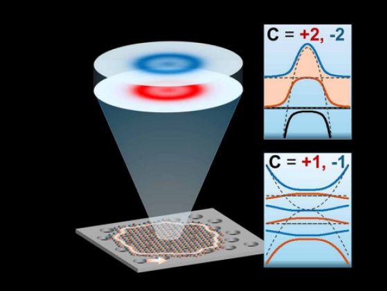 Light conducting around the edge of a simulated topological insulator and how the light wave twists differently in two example isolated bands (selected from the band structures on the right) as it moves through the bulk crystal, giving rise to distinct curvature distributions and opposite nonzero Chern numbers.