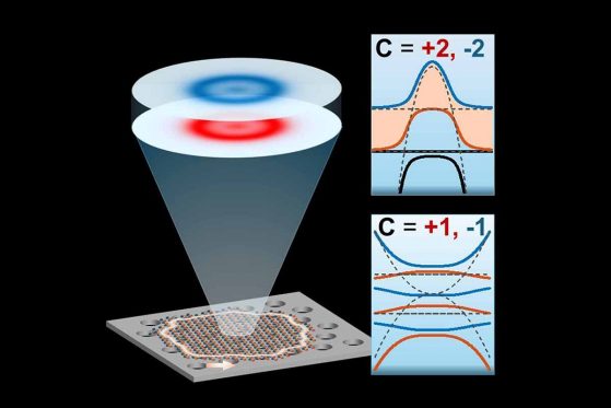 Light conducting around the edge of a simulated topological insulator and how the light wave twists differently in two example isolated bands (selected from the band structures on the right) as it moves through the bulk crystal, giving rise to distinct curvature distributions and opposite nonzero Chern numbers.