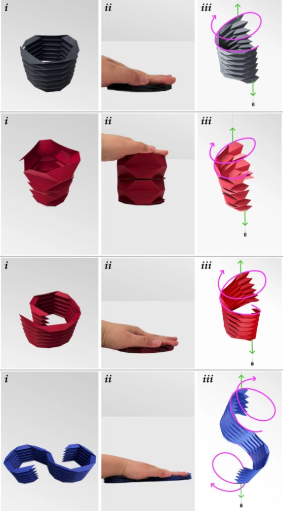 Research led at the University of Michigan modeled how different origami structures made from trapezoidal subunits.