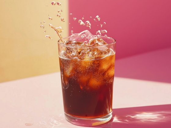 A glass of cola with ice cubes on a pink and yellow background.