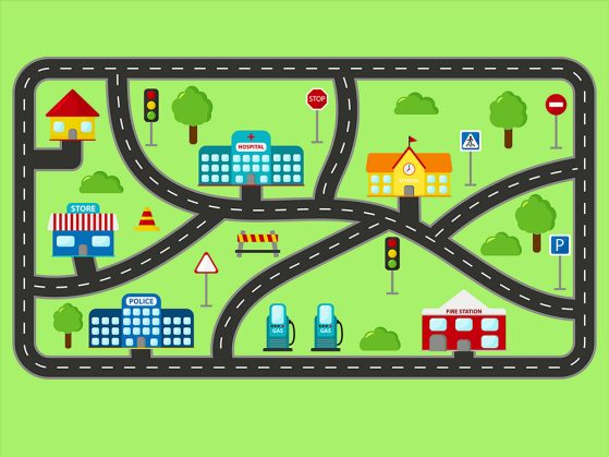 Road map of a town with green background