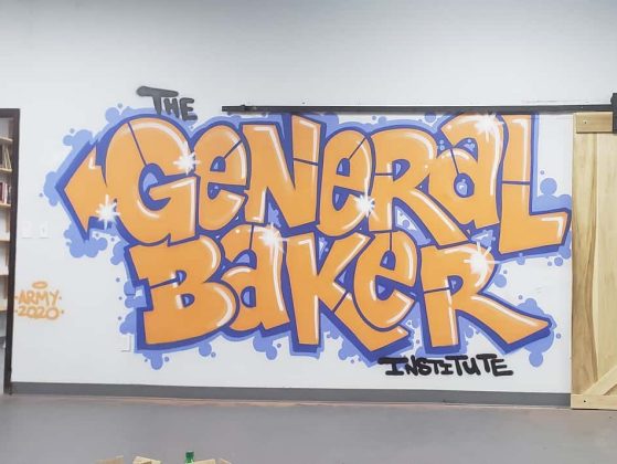 Indoor mural in graffiti-style reads "General Baker Institute"