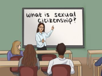 Illustration of a lecturer teaching a college class with the whiteborad reading, "What is sexual citizenship?"