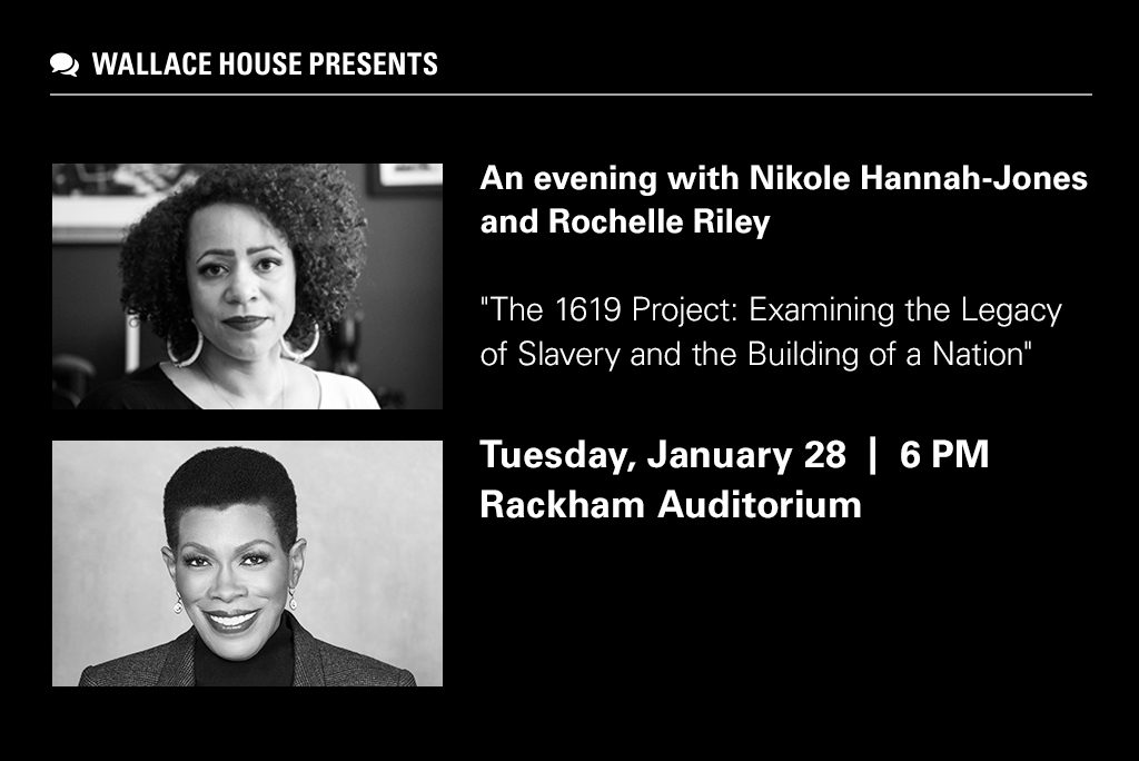 A publicity image for marketing the event, with portraits of Nikole Hannah-Jones and Rochelle Riley and the text description of the event