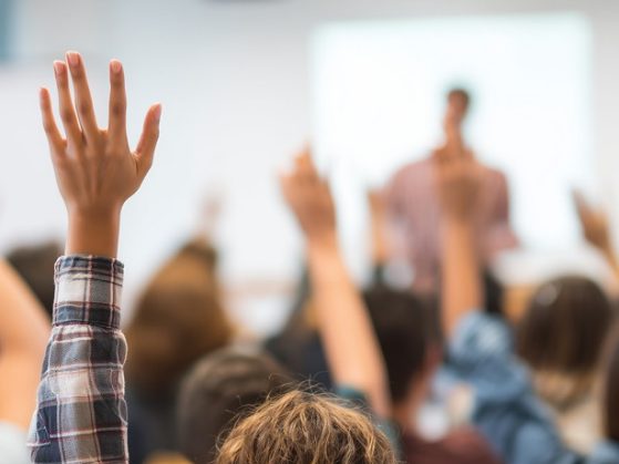 Students actively raising hands in class students engaged in education