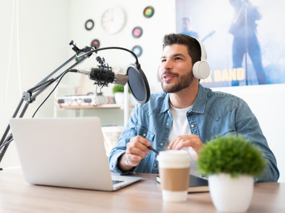 Blogger recording podcast in a studio