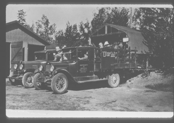 Black and white photo of a truck