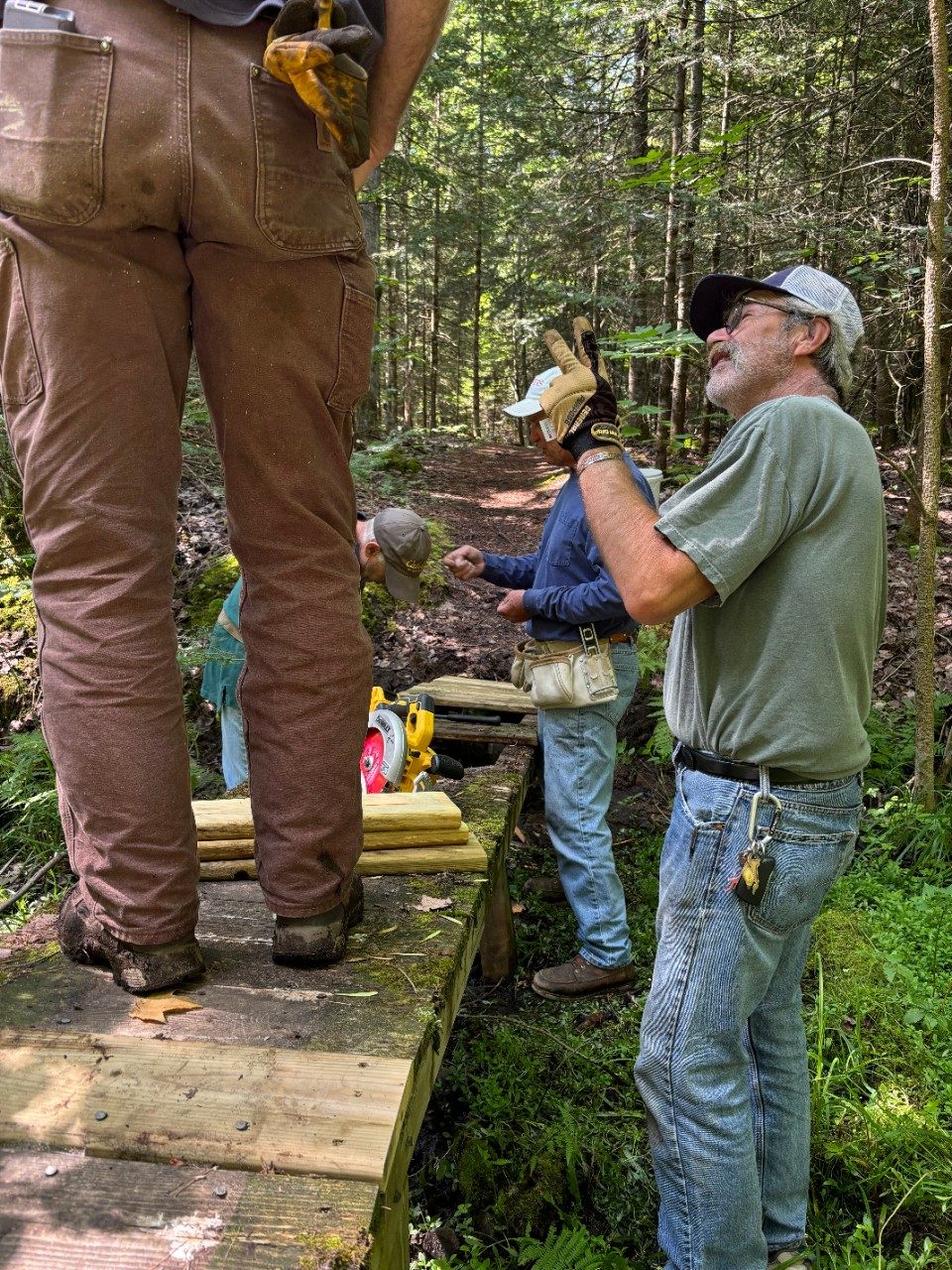 Men working on a wooded trail in a forest