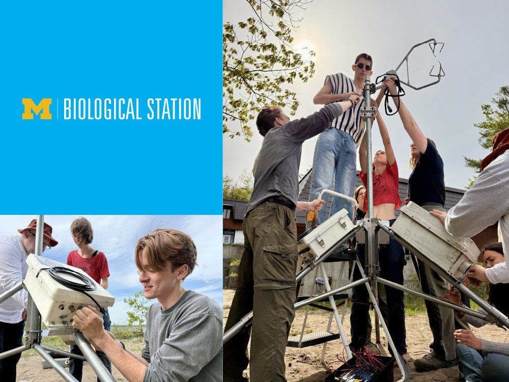 Collage of photos of students building a machine outside