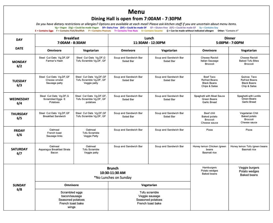 Calendar of dining hall menu